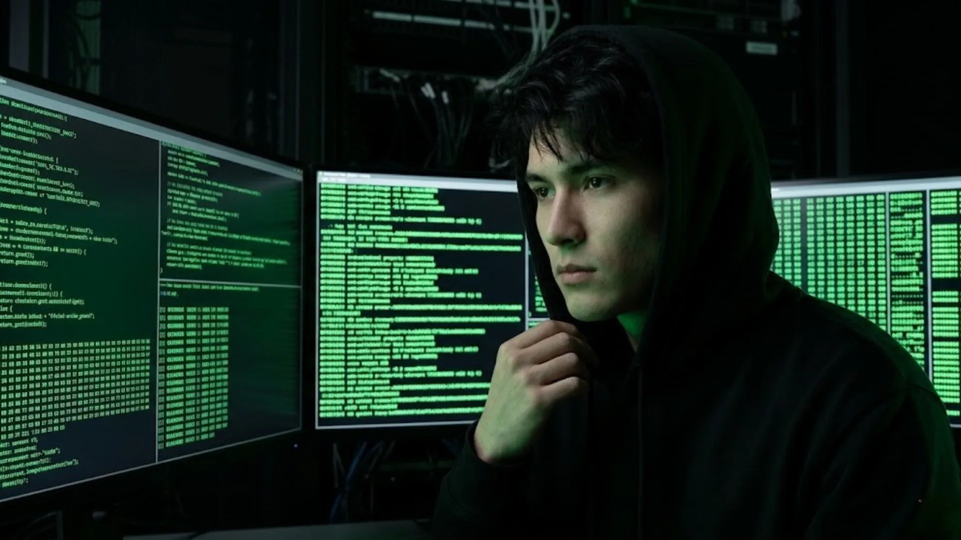 Prompt 18 hacker matrix setup portrait with green code screens